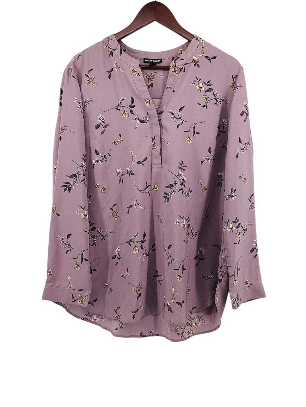 🐵 Hilary Radley Mauve Floral Split-Neck Blouse, Size XL